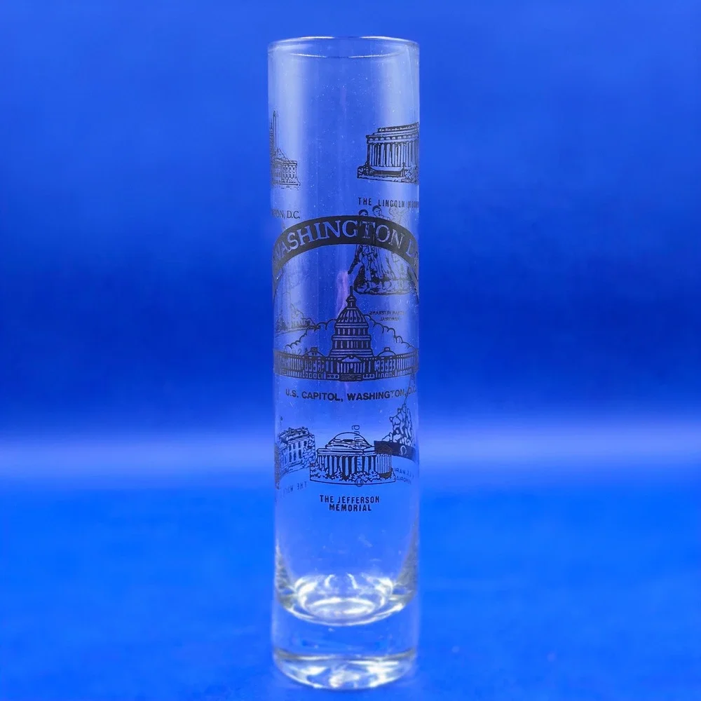 Washington DC Souvenir Shot Glass Tall Cylinder Landmarks Clear Black Graphics